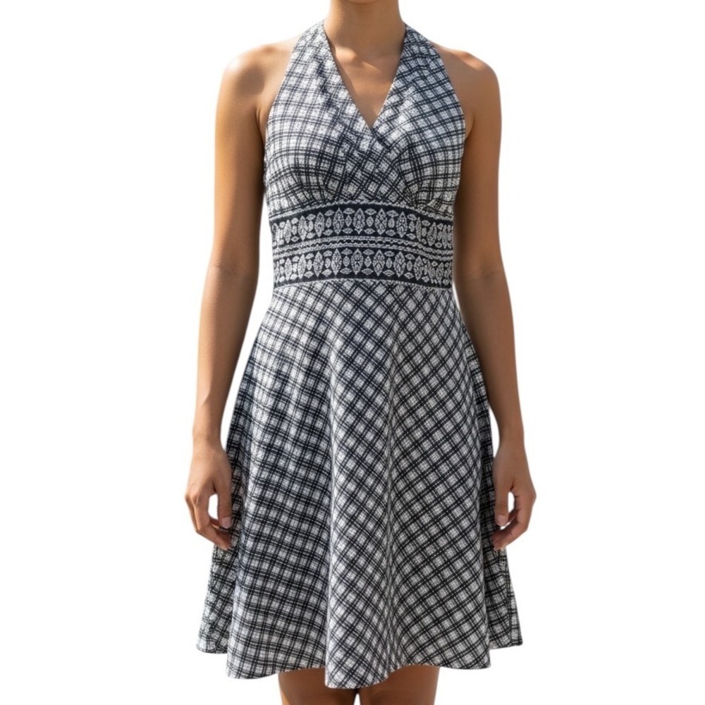 WHBM White House Black Market Silk Black‎ White Plaid Geometric Halter Dress S 8